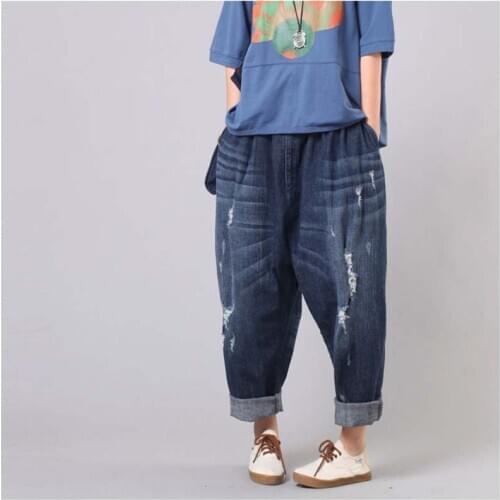 2021 New Fashion Boyfriend Ripped Jeans Women Elastic Waist Harem Hip Hop Denim Pants Wide Leg Loose Baggy Jeans Trousers