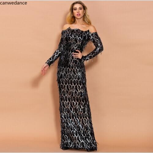 2020 Autumn Long Sleeve Slash Neck Sequins Dress Women Off The Shoulder Maxi Tassel Bodycon Dress Female Dresses
