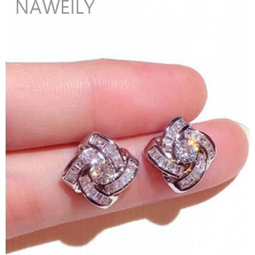 Luxury Geometric Micro Paved Zircon Stud Earring For Women New Fashion Jewelry Female Earrings