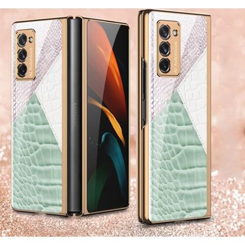 Luxury Plating Glass Leather Pattern Hard Case For Samsung Galaxy Z Fold 2 W21 Ultra thin Full Protection Shockproof Cover