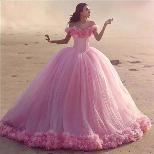 Pink Ball Gown 3D Flowers Princess Corset Tulle Sparkles Sweet 16 Quinceanera Dress Dresses Vestido De Debutante