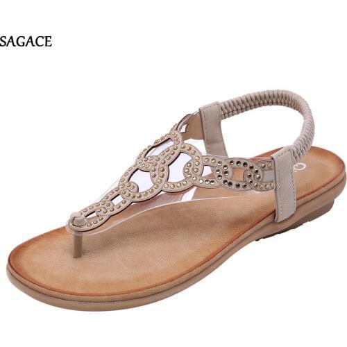 SAGACE Summer Womens Open-Toe Sandals Bohemian Rhinestone Flat Elastic Band Beach Shoe Summer Shoes 2020 Beach Vintage Sandalia