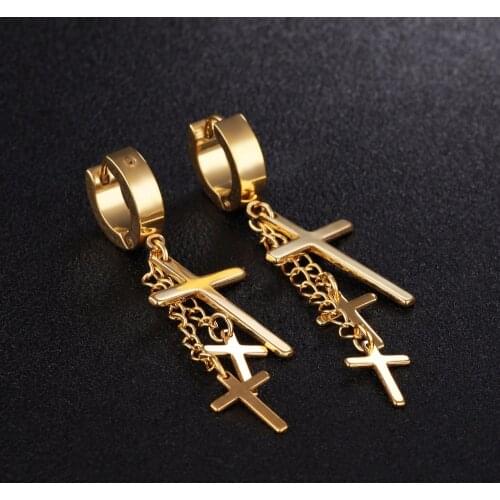 FATE LOVE Brand Punk Stainless Steel Unisex Women Male Men Hoop Earrings Cross Charms Black Silver Gold color Fashion Jewelry