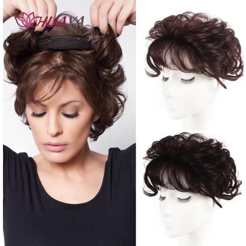 HUAYA Short Curly Replacement Hair Piece With Bangs Cover White Hair Toupee Clip In Natural Hair Bangs Fringe Hair Pieces