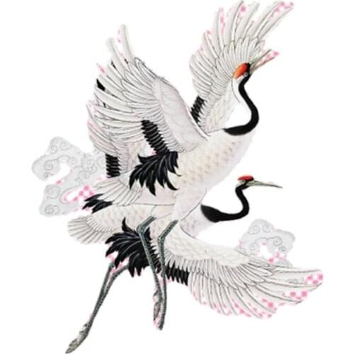 Crane Bird Flowers Heat Transfers Patches Sewing Embroidered Applique for Jacket Clothes Stickers Badge DIY Apparel Accessories