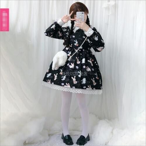 Japanese sweet new Lolita dress retro Gothic Girls rabbit print long /short sleeve black Kawaii Cos Loli tea party dress