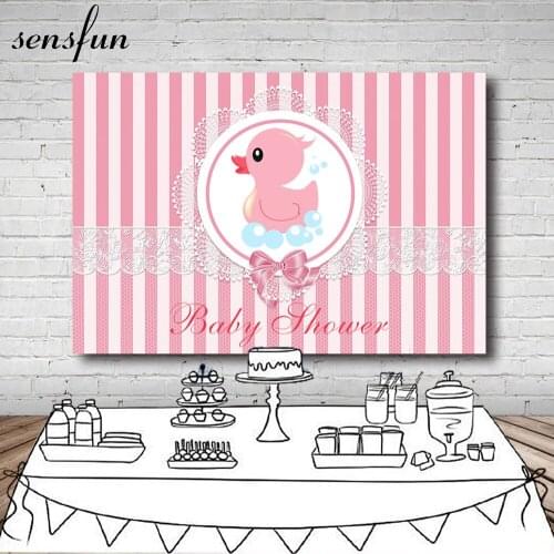 Sensfun Girls Baby Shower Newborn Birthday Party Backdrop Pink Striped Little Duck Lace Bow Photography Backgrounds 7x5FT