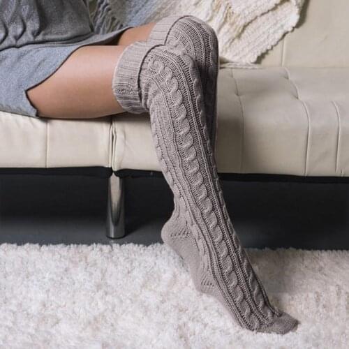 Women Autumn Winter Solid Color Over Knee Socks Braid Knitted Stockings Warmer