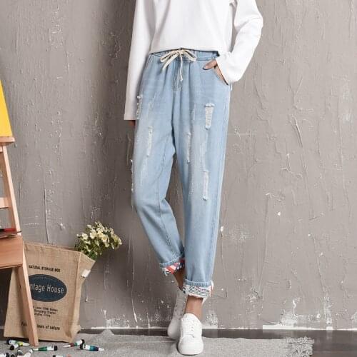 Women Autumn Drawstring Elastic Waist Jeans Ripped Loose Denim Pants Casual Washed Denim Trousers Large Size 5XL 6XL