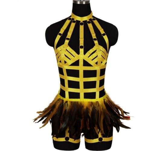 Feather Lingerie Set Belt Crop Top Chest Bondage Art Dance Rave Women Punk Goth Burning Body Harness Bra Hollow Out Strappy
