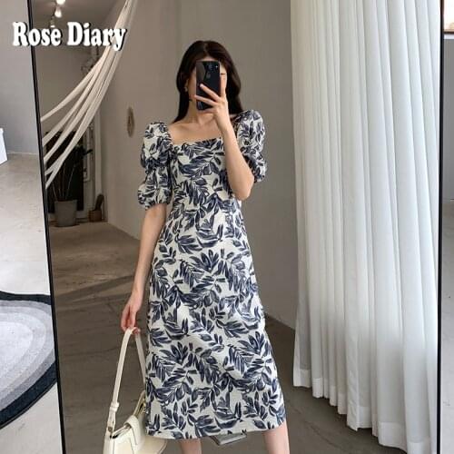 RoseDiary Summer Womens Clothing Short Puff Sleeve Chic Square Collar Dress Elegant Ladies Bodycon Printed Party Vestidos Dress
