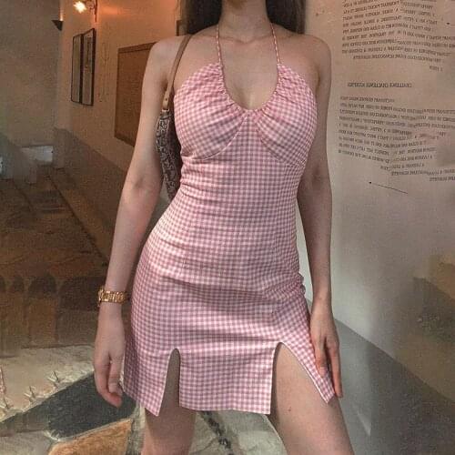 Women’s Sexy Lace-up Halter Dress Fashion Plaid V-neck Backless Slim Fit Split Short Dress