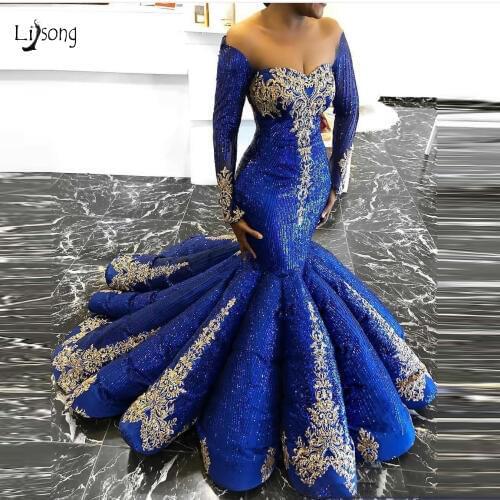 African Royal Blue Sequined Mermaid Evening Dresses With Gold Appliques Lace Full Sleeves Long Evening Gowns Gonna Party Dress