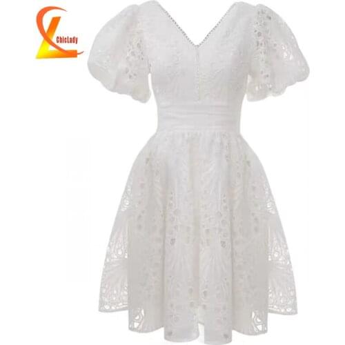 CHICLADY high quality summer white mini dress for party dinner night puff sleeve lace hollow out v-neck beading dresses mujer