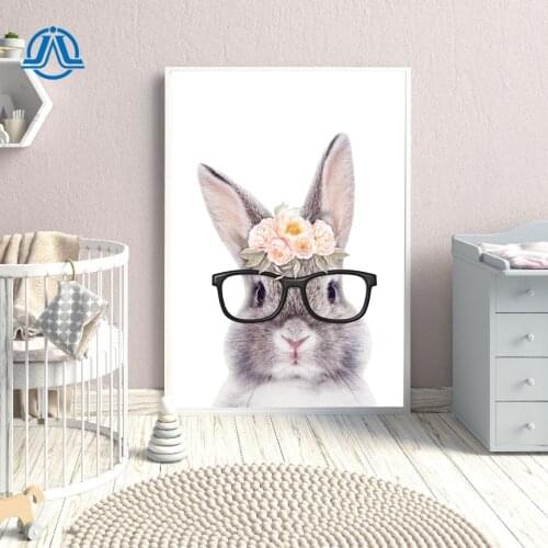 Girls Bedroom Decor Bunny Rabbit Nursery Wall Art Canvas Poster and Print Watercolor Flowers Animal Painting Pink Roses Pictures