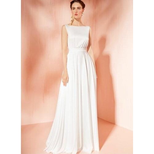 Elegant Long Satin Boat Neck Wedding Dresses A-Line Open Back Ivory Floor Length Robes De Mariée Bridal Gown For Women