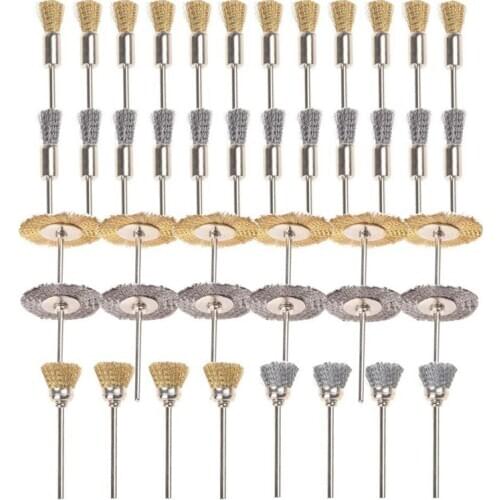 Hot 44 Pieces Mini Wire Brush Wheel Cup Brass Steel Wire Brush Set 1/8inch (3mm) Shank For Power Dremel Rotary Tools Polishing B