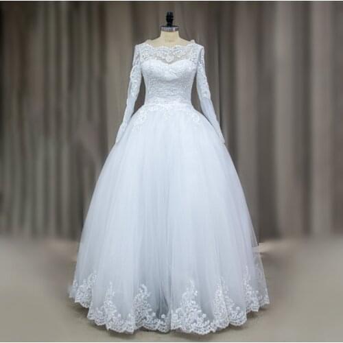 Customized Dress 100% real photos White Long sleeve lace Puffy Ball Gown Wedding Gown Dress Bridal