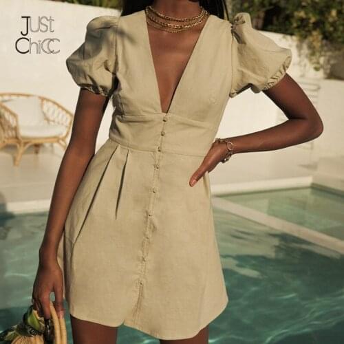 Justchicc Button V Neck Summer Dress For Women 2021 Puff Sleeve Cotton Hemp Solid Skirt High Waist Short Sleeve Mini Dresses