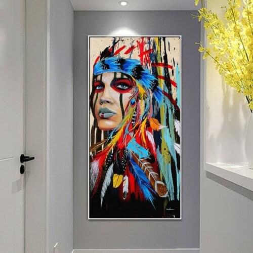 Modern Colourful Indian Woman Girl with Feather Oil Painting on Canvas Posters Prints Wall Art Picture for Living Room Cuadros