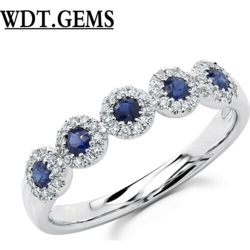0.47TCW 10K White Gold Round Blue Sapphire Halo Diamond 5 Stone Ring Band