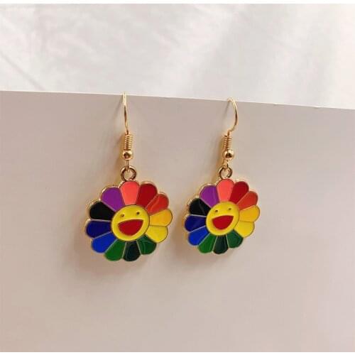 Earrings Cartoon Cute Resin Earrings Sunflower Sun Flower Earring Women Alloy Dripping Smiley Face Earring Color Earring Jewelry