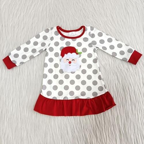 Fashion embroidery girl frock baby girls christmas dot dress santa pattern and red ruffle kids dresses