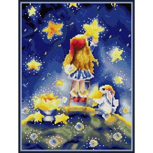 Girl Picking Stars 5D DIY Diamond Painting Kit Cartoon Characters Round/Square Rhinestone Embroidery Childrens Room Decor Gifts