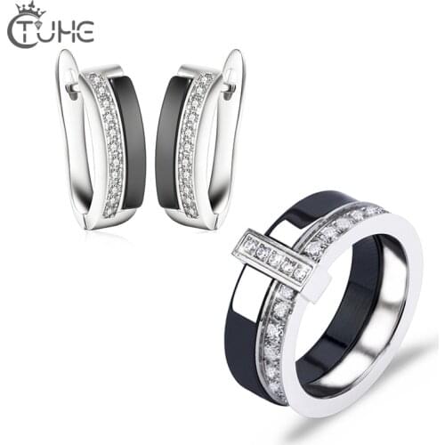 One Row AAA CZ Ceramic Jewelry Set Element Stud Earrings And Elegant Smooth Ceramic Rings For Women Wholesale Fashion Jewelry