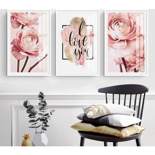 Pink Flower Art Poster Nordic Home Wall Decor I Love You Quote Wall Art Prints Paintings for Interior Frameless Pictures
