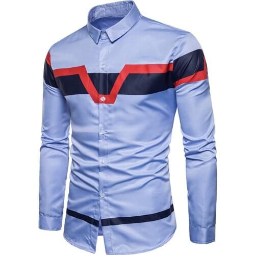 2021 New Classic Mens New Casual Shirt Men Tops Geometric Pattern Patchwork Color Dress Long-sleeved Shirt Clothes