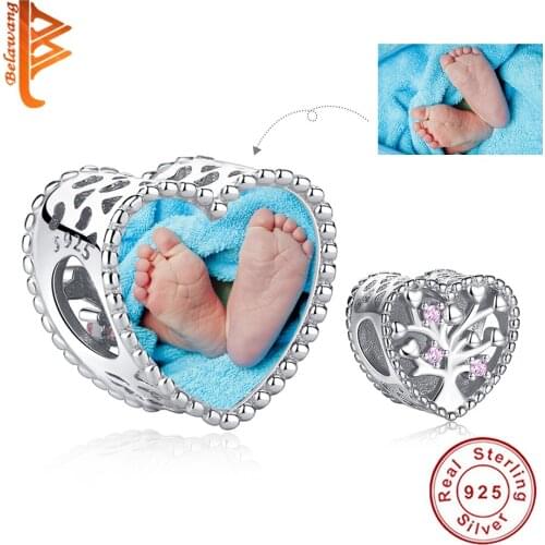Personalized Custom Photo 925 Sterling Silver Cute Pink Family Tree Heart Charm Bead Fit Original Bracelet For Woman DIY Jewelry