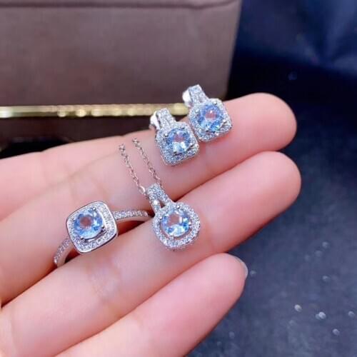 Pure natural aquamarine ring earrings pendant necklace 925 silver ladies suit classic simple style