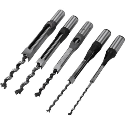 SHGO HOT-5 Pcs Square Hole Mortise Chisel Drill Bit Tools,HSS Woodworking Hole Saw Mortising Chisel Drill Bit Set,Different Size