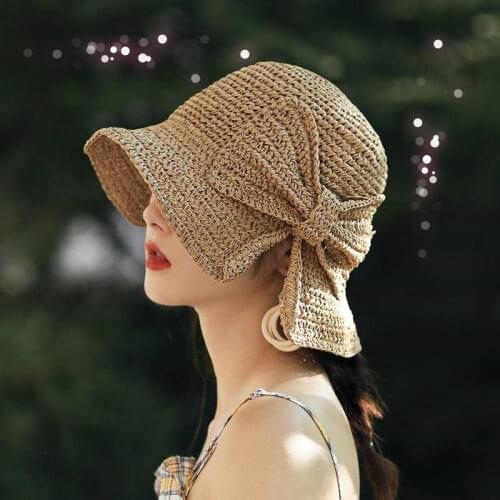 Bow Sun Hat Wide Brim Floppy Summer Hat Women Beach Panama Straw Dome Bucket Hat UV Protect Travel Cap Femme Beach Shade Hat