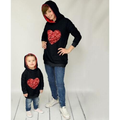 Spring Family Matching Clothes Sequins Heart Shaped Hoodies Mommy and Daughter Matching Clothes Kids Sweatshirts Women Pullover