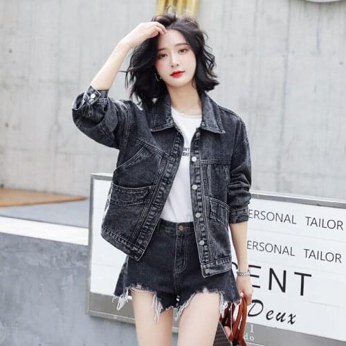 Vintage Denim Jacket Casual Jeans Coat Womens Black Spring Autumn 2021 New Korean-Style Short Long Sleeve Loose Outerwear