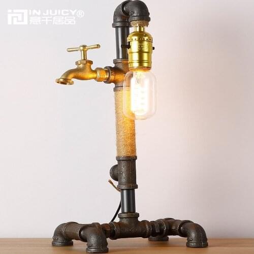 Vintage Industrial Wrought Iron Water Pipe LED Table Lights Metal Hemp Rope Edison Bulb Desk Lamp For Bedroom Bar Night Decor