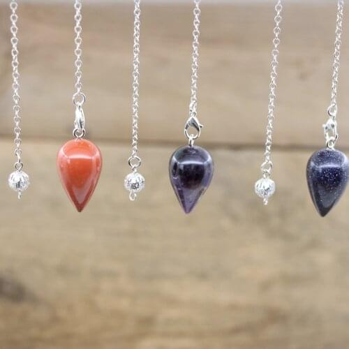 Reiki Healing Natural Stone Water Drop Pendulum,Quartz Dowsing Spiritual Divination Wicca Crystal Pendule Chains Jewelry,QC6001
