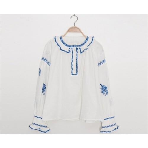 Elfstyle Women 2021 Women Ruffled Contrast Color Patchwork Embroideried Long-sleeved Blouse Shirt Top