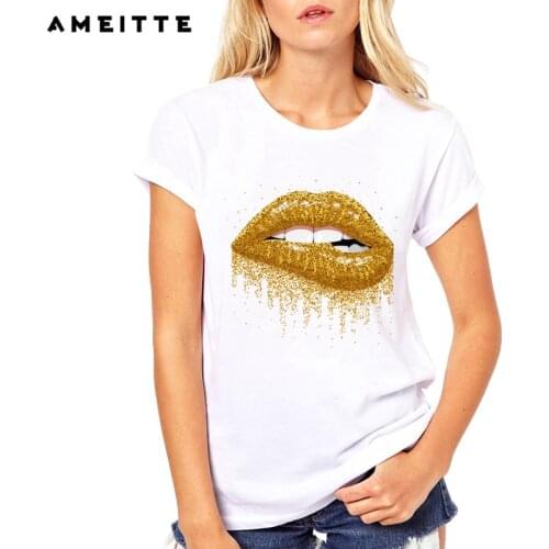 AMEITTE 2019 Summer Tops Gold Mouth Yellow Lip Print T Shirts Base O-Neck Short Sleeve Women Tshirt All-match White Tee Shirt
