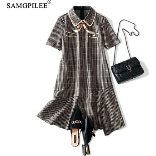 Dresses For Women 2021 Casual Trumpet Mermaid Plaid Three Quarter Sleeve Plus Size Dress Empire Peter Pan Collar Women Dresses