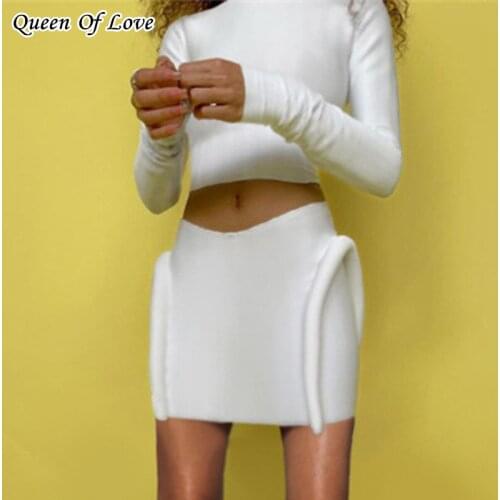 2 Piece Women Long Sleeve Crop Top Skirt Matching Set 2021 New Autumn Winter Sexy Knitted Bodycon Mini Skirts Suit Outfits Y2K