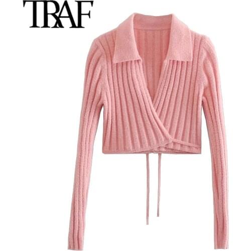 TRAF Women Fashion With Tied Wrap Cropped Knitted Cardigan Sweater Vintage Long Sleeve Female Outerwear Chic Tops