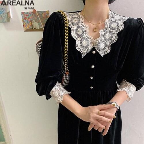 New Retro Elegant Velvet black Midi dress Women Lace Patchwork Office Long Sleeve plus size loose Dresses Autumn winter Vestidos