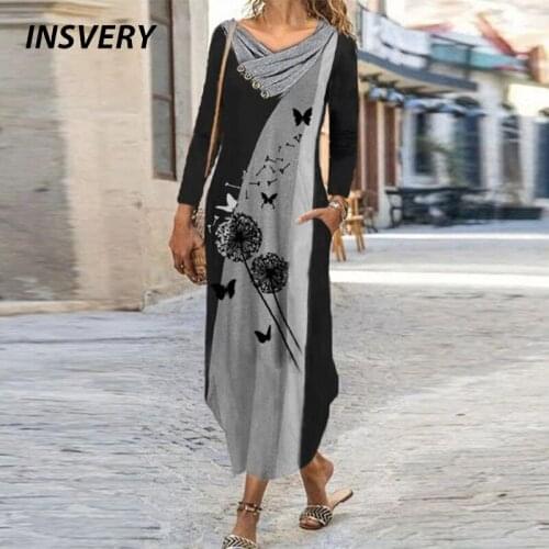 2021 Autumn Winter Patcchwork Women Dress Plus Size Vintage Print Party Dress 2021 Pocket Long Sleeve Casual Long Dress 2021