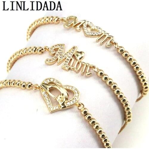 10Pcs, Gold plating heart shape MAMA MOM bead adjustable tennis bracelet for mother gift mothers day fashion jewelry MAMA mommy