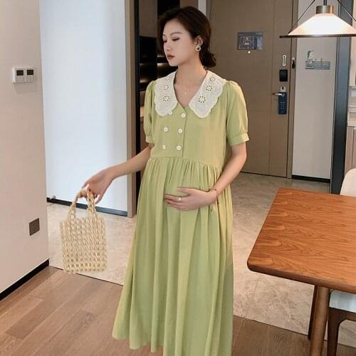 1869# Maternity Clothes Summer Short Sleeves Button Open Turn Down Collar Loose Stylish Dress Pregnant Women Mom Dress