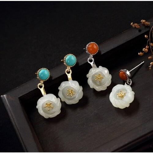 2018 Sale Real Earings Fashion Jewelry Pure Plated Natural Hetian Jade South Pine Plum Blossom Touch Female Ear Pin Eardrop