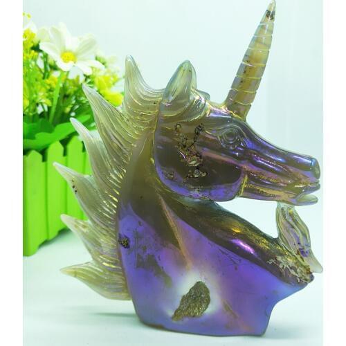 820g Hand Carved aura agate geode crystal unicorn Titanium carnelian quartz horse skull reiki Healing